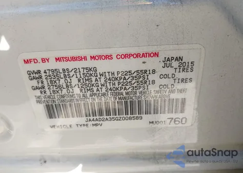 2016 Mitsubishi Outlander Es from USA, damaged, VIN JA4AD2A35GZ008589